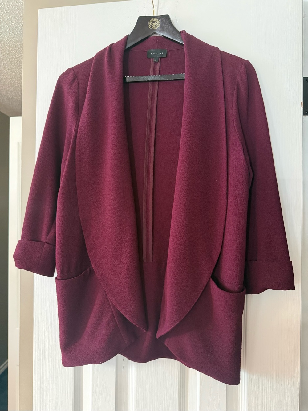 Women's Draped Open-Front Blazer Jacket - Burgundy
